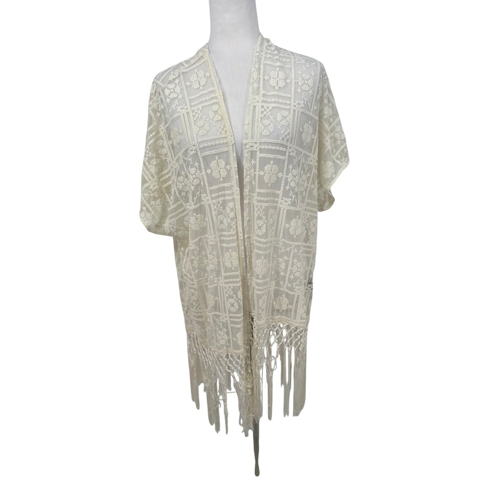 Torrid Kimono Cardigan Womens 1X 2X Cream Lace Fringe Open Front Boho Festival